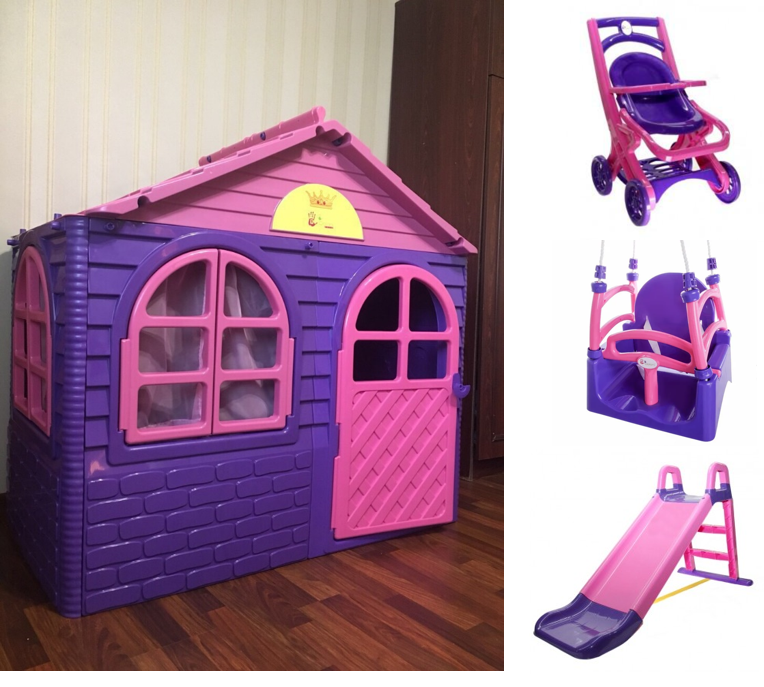 Дитячий ігровий пластиковий будиночок зі шторками, дитяча пластикова гірка, коляска і качель ТМ Doloni