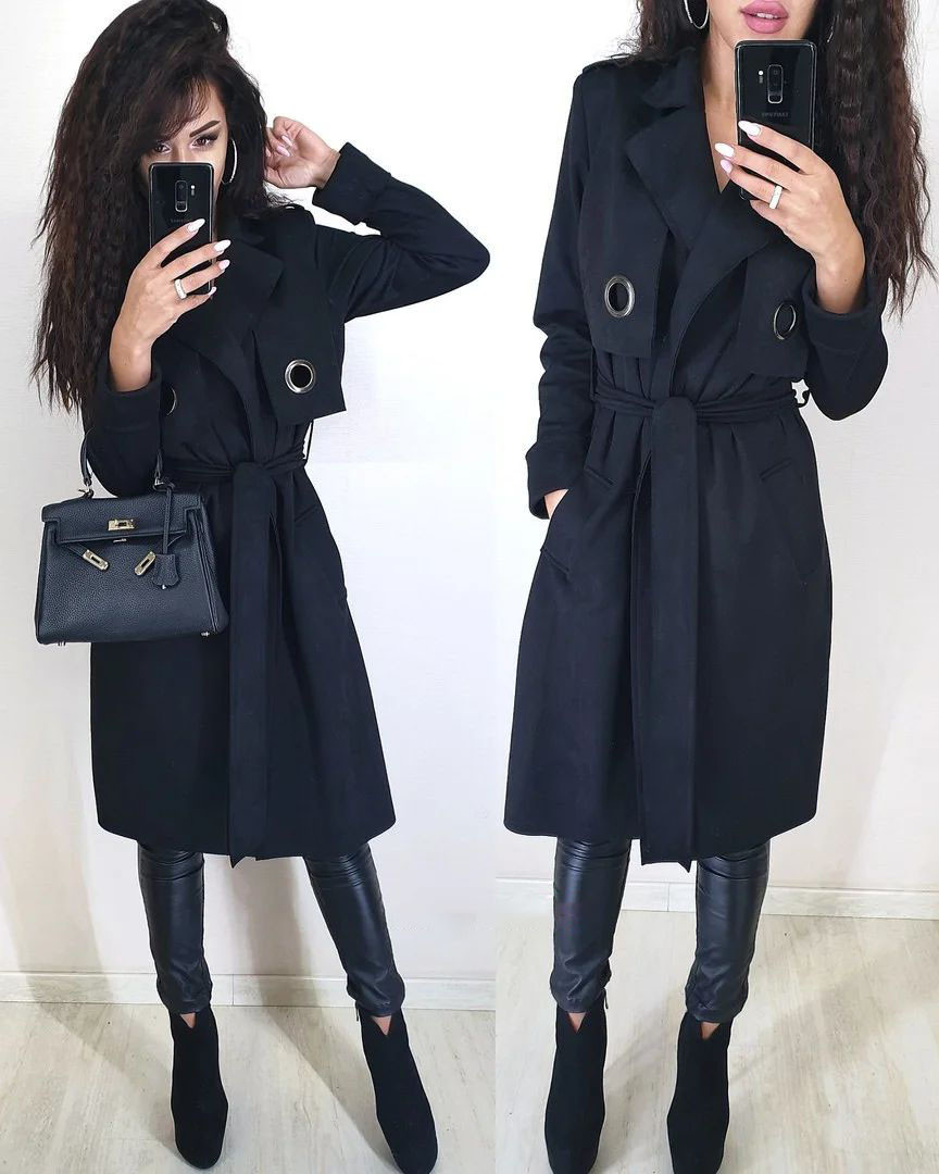 Пальто тренч рівного крою з поясом із замші з поясом ЧОРНЕ 42-46