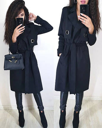 Пальто тренч рівного крою з поясом із замші з поясом ЧОРНЕ 42-46, фото 1