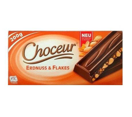 Шоколад молочний Choceur Erdnuss & Flakes арахіс з пластівцями 200 г Німеччина