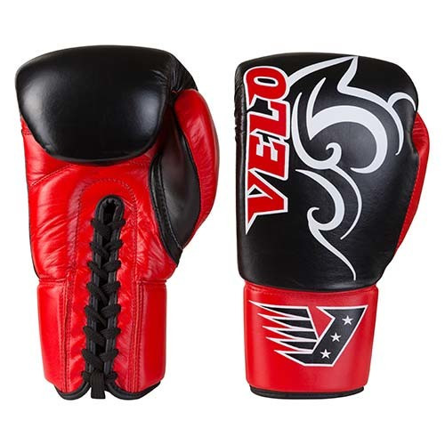 Боксерські рукавички шкіряні на шнурівці чорно-червоні 12oz Velo