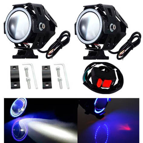 Фари прожектори для мотоцикла U7 LED 12В 3000лм Angel Eyes сині і кнопка, фото 1