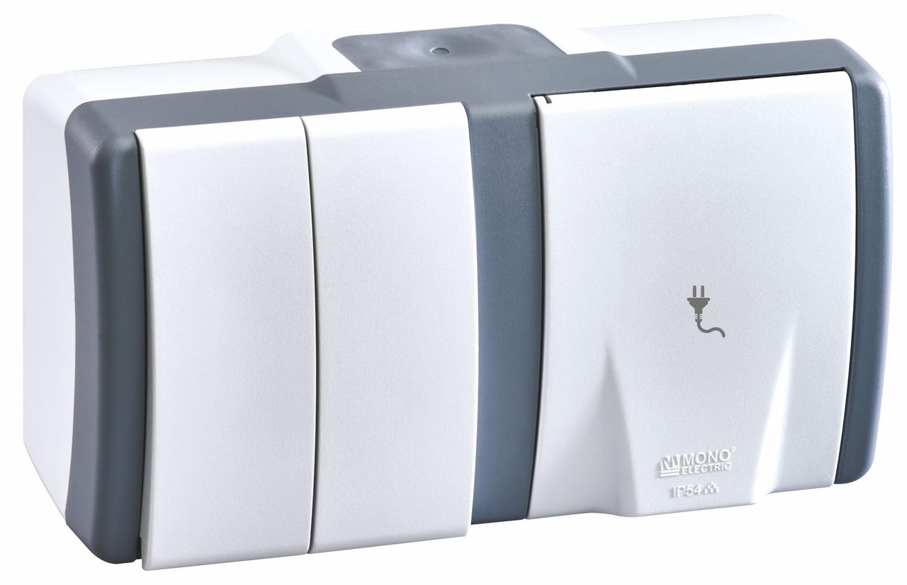 Вимикач двоклавішний + розетка 1-а без заземленням, Mono electric, OCTANS IP54