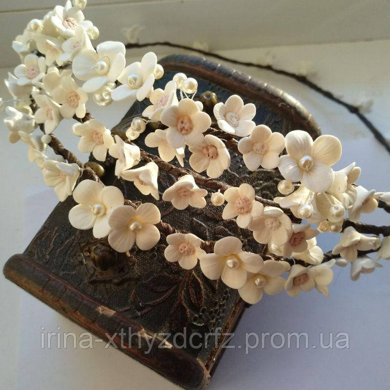 Широкий весільний вінок із квітами з полімерної глини кольору айворі, капучино для зачіски