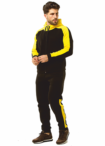 Костюм чоловічий спортивний чорного кольору з жовтими вставками та капюшоном One-Point, фото 2