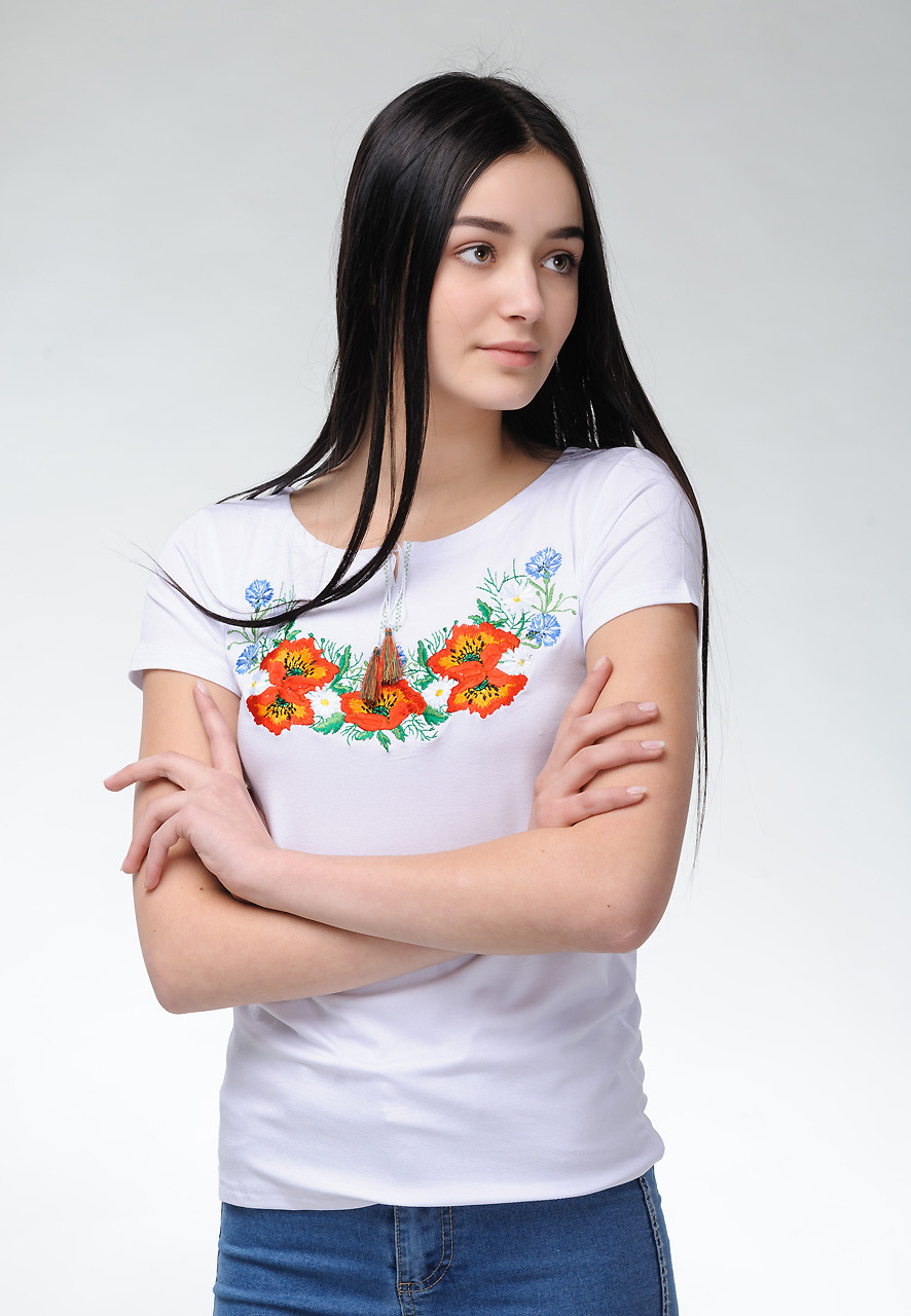 Жіноча футболка-вишиванка на короткий рукав білого кольору «Польова краса» S