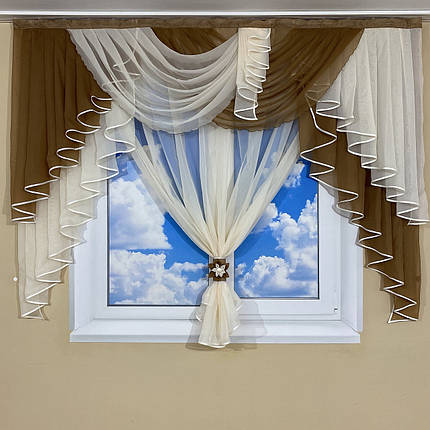 Ламбрекен з тюлем №431 на карниз 2м коричневий, фото 1