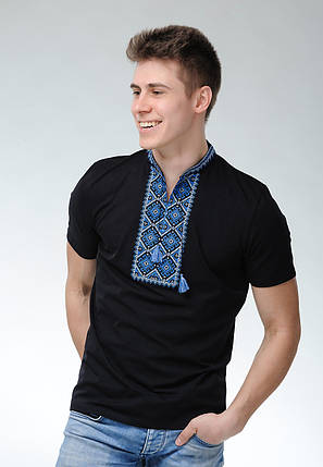 Чоловіча чорна вишита футболка в молодіжному стилі «Отаманська (синя вишивка)», фото 2