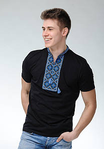 Чоловіча чорна вишита футболка в молодіжному стилі «Атаманская (синя вишивка)» S