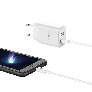 Мережевий зарядний пристрій Hoco C12Q Smart QC3.0 швидкий заряджання адаптер (1USB/3A/18W) + кабель Type-C білий