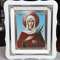 Ікона Св.чоловічка Татоняна в білому фігурному кіоті з декоративними куточками, розмір 21*24, розмір сюжету 15*18