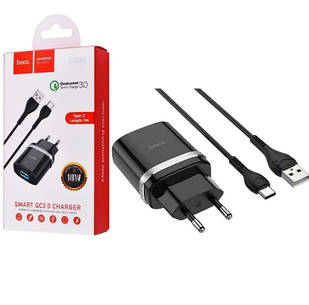 Мережевий зарядний пристрій Hoco C12Q Smart QC3.0 швидкий заряджання адаптер (1USB/3A/18W) + кабель Type-C чорний