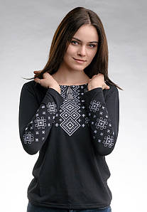 Трендова чорна жіноча вишита футболка з довгим рукавом «Сірий карпатський орнамент»
