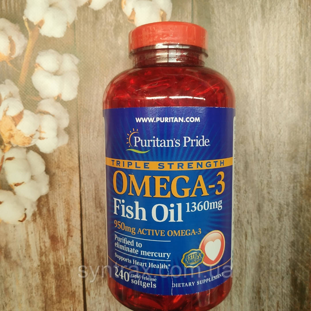 Puritan's pride Omega-3 Fish Oil 1360 mg Triple Strength 240 softgels, 950 мг омеги риб'ячий жир