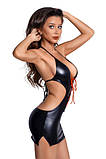Сукня Glossy Julie із матеріалу Wetlook з червоним шнурівкою, чорна L, фото 3
