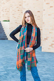 Шарф жіночий красивий великий з бавовни стильний осінній в клітку 190*80 бірюзового кольору