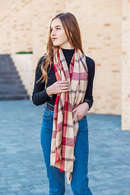 Жіночий шарф великий красивий стильний модний з бавовни в клітку 190*80 см бордового кольору