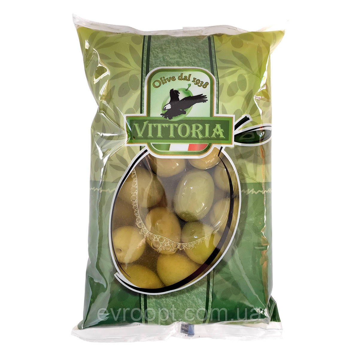 Оливки зелені VITTORIA Verdi Dolci Giganti ПАКЕТ, 500г нетто, 850г брутто 10шт/ящ - фото 1 - id-p1271899754