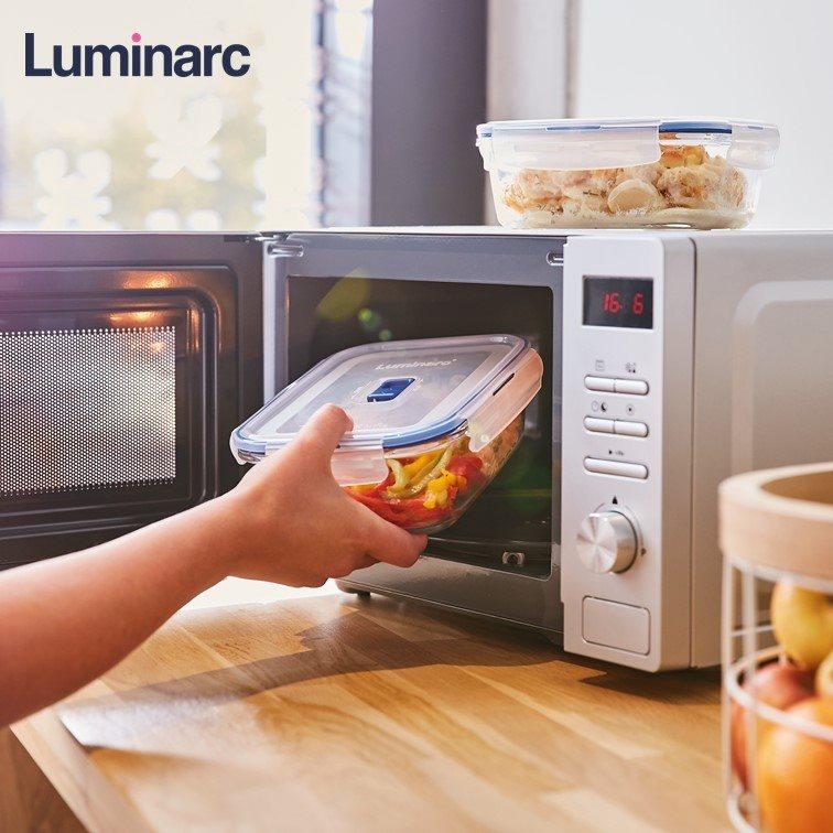 Скляний харчовий контейнер прямокутний з блакитною кришкою Luminarc Pure box 380 мл (L8774)