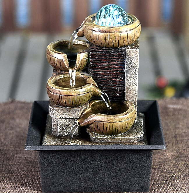 Декоративный настольный водопад фонтан с водой и помпой, в форме четырех чаш со стеклянным шаром. В фонтане е - фото 1 - id-p1272068926