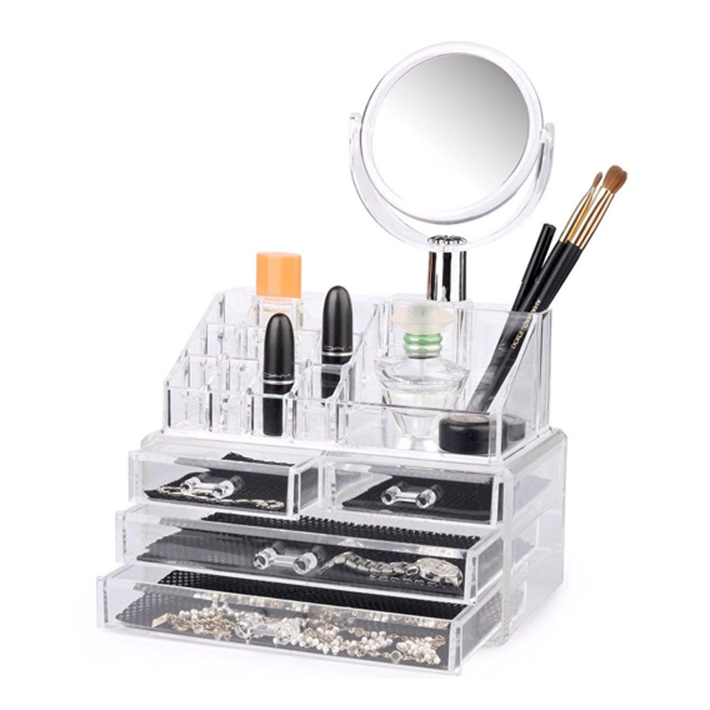 Акриловий органайзер з дзеркалом Універсальний бокс для косметики Cosmetic Storage Box Підставка для помад, фото 1