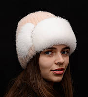 Женская шапка из вязаной норки "Лобик комбинированный" Пудрово-белая