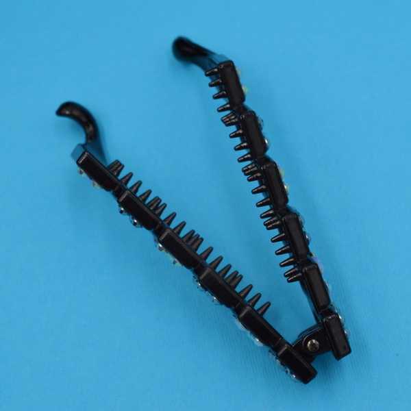 Шпилька для волосся банан чорний пластик сірі й АВ стрази, фото 1