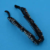 Шпилька для волосся банан чорний пластик із сірими й АВ стразами