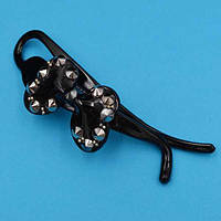 Шпилька для волосся чорний пластик бант із сірими стразами