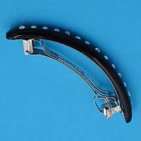 Шпилька для волосся автомат метал чорний пластик білі АВ стрази 9.5х1.2 см