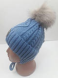 Шапка блакитного кольору на зав'язках із помпоном, для хлопчика, фото 4