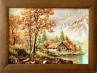 Картина пейзаж из янтаря " Домик в горах "