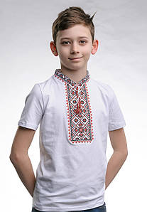 Вишита футболка для хлопчика з коротким рукавом «Зоряне сяйво (червона вишивка)» 128