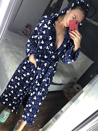 Жіночий довгий махровий халат синього кольору з капюшоном хіт продажів 2021, фото 1