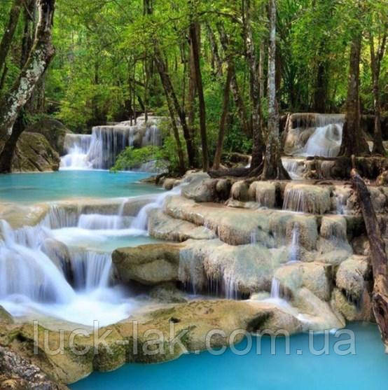 Алмазна вишивка лісовий водоспад 40х40 см, повна викладка, квадратні стрази