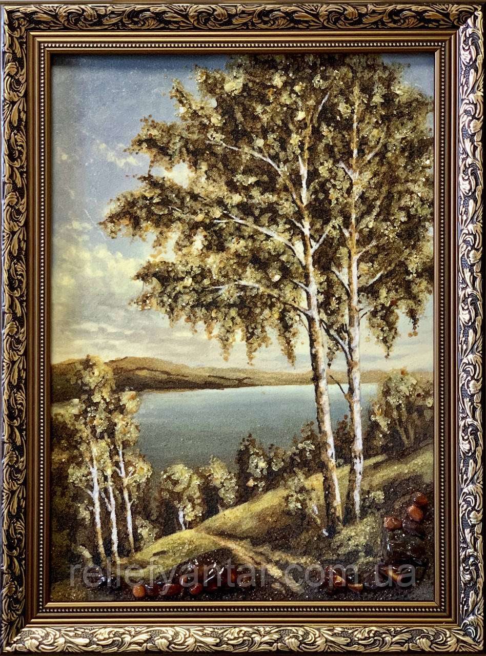 Картина пейзаж з бурштину "Берізки" 30x40 см