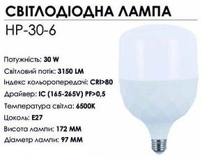 Високопотужна світлодіодна лампа BIOM 30W E27 6500К холодний білий, фото 3
