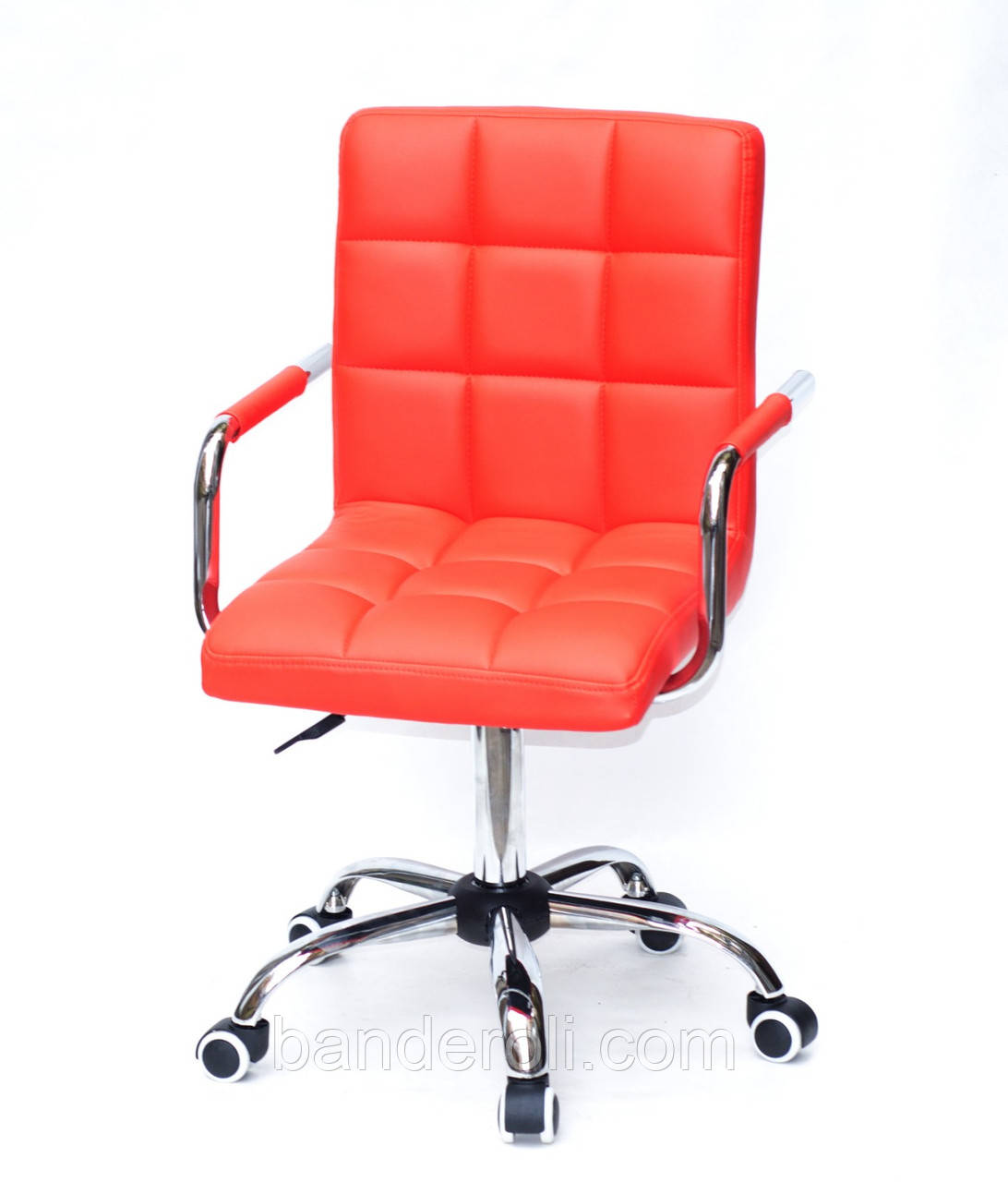 Крісло Augusto Arm CH - Office з підлокітниками, червоний екокожа хромованою хрестовиною c колесами, фото 1