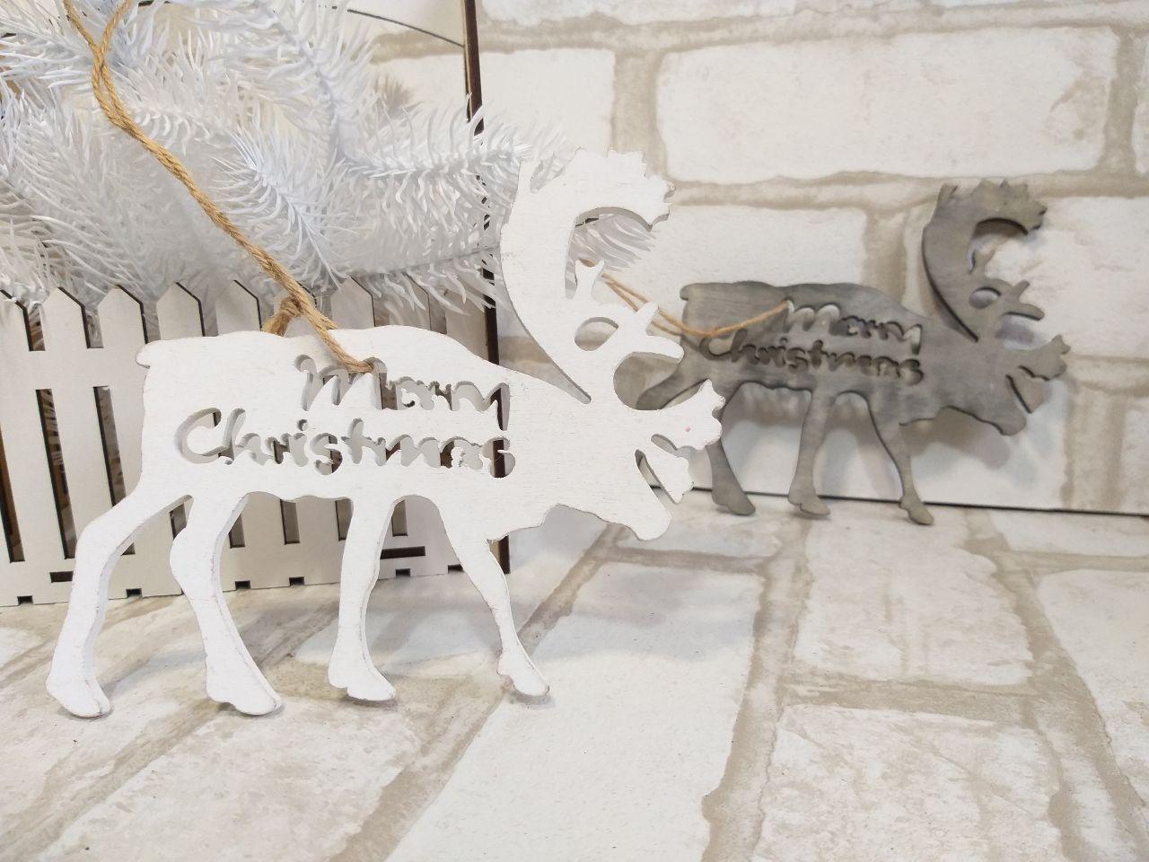 Дерев'яний олень "Merry Christmas" - ялинкова підвіска, 14х13 cm, фото 1