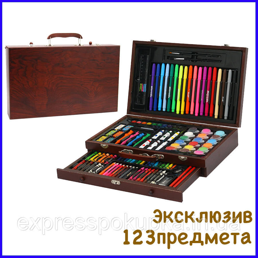 Набір для малювання 123 предмета в дерев'яному валізі дитячий Mega Art Set | Набір для творчості художника