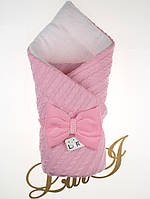 Красивий вязаний конверт-ковдра "ДУО" на махрової підкладці для виписку з пологового будинку, зимовий. Рожевий