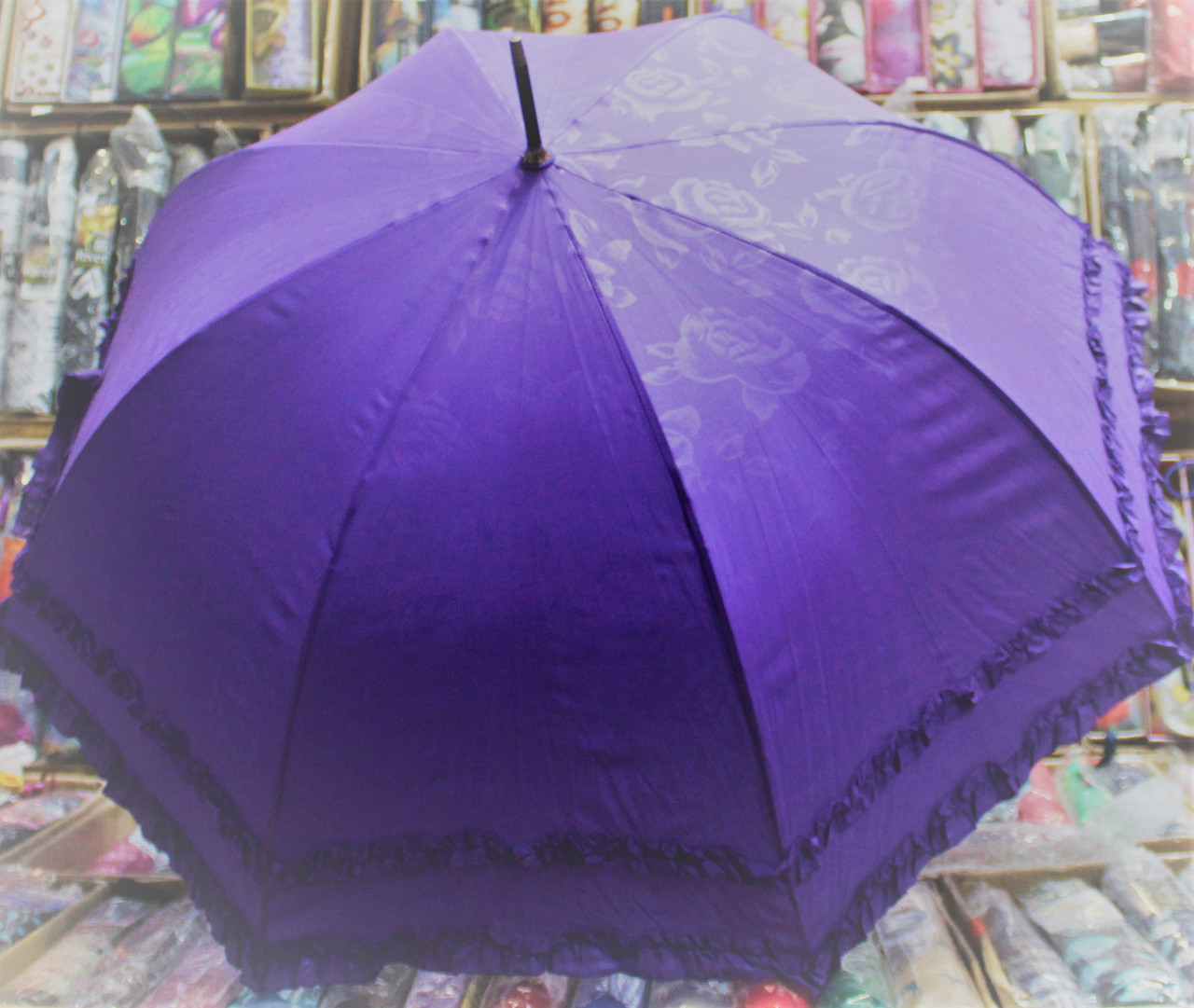 Зонт трость тканевый однотонный фиолетовый 2 рюши 8 спиц большой для взрослых 1372 - фото 1 - id-p1272579675