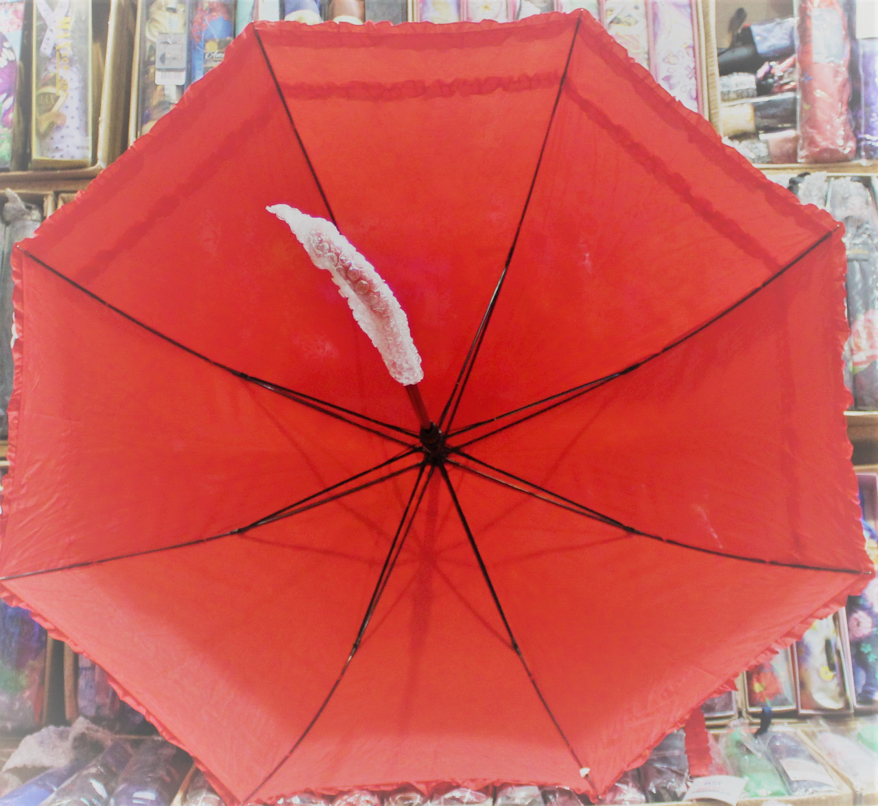 Зонт трость тканевый однотонный красный 2 рюши 8 спиц большой для взрослых 1372 - фото 2 - id-p1272581512