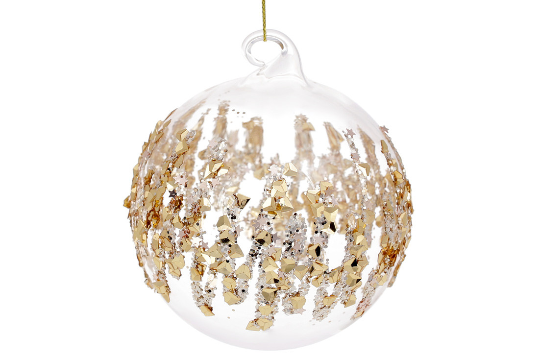 Ялинкова куля із прозорого скла з великим золотим гліттером, 10см ТОВАР ВІД ВИРОБНИКА