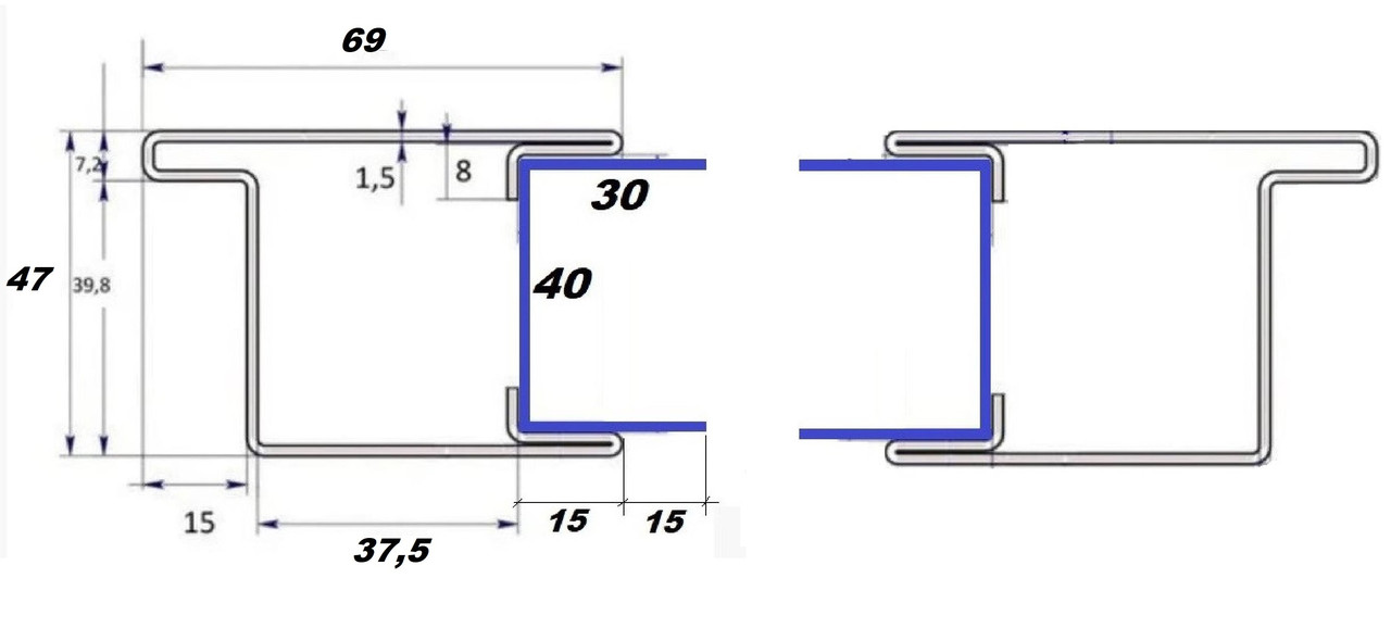 Профіль стулки 69 мм. + швелер30*40*30, для віконця з поворотними ламелями,пара права та ліва.м-