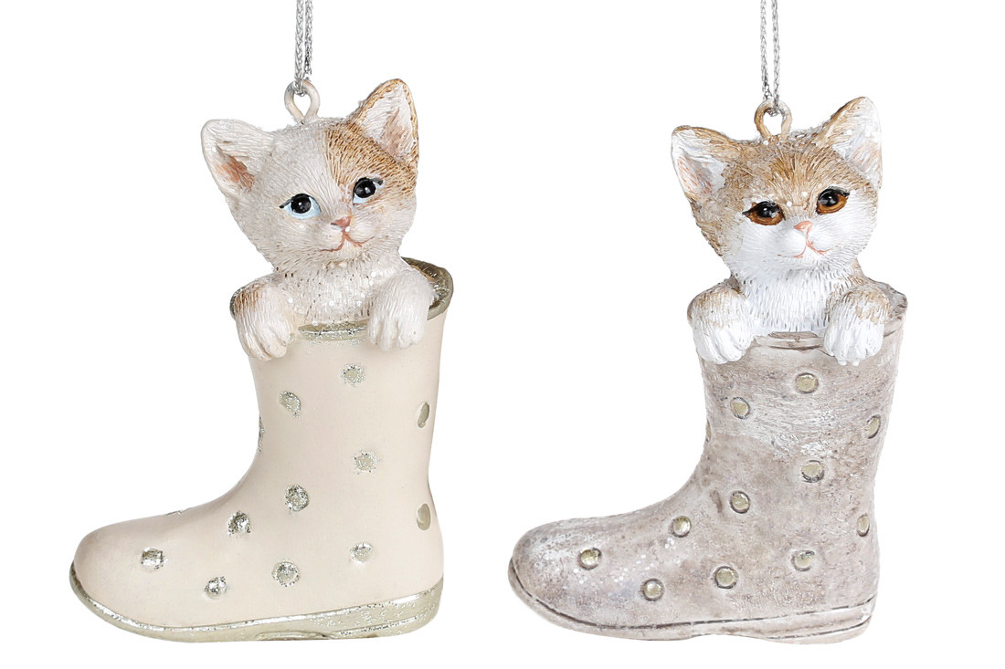 Декоративна підвісна фігурка Котик у чобітці, 2 різновиди, 7.5 см, колір — кремово-бежевий, фото 1