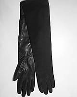 Рукавички жіночі комбіновані довгі з лайкової шкіри чорні 45 см на тонкому хутрі замш-шкіри