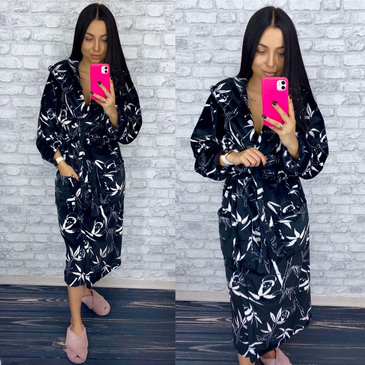 Довгий плюшевий халат із капюшоном чорний із листям, фото 1