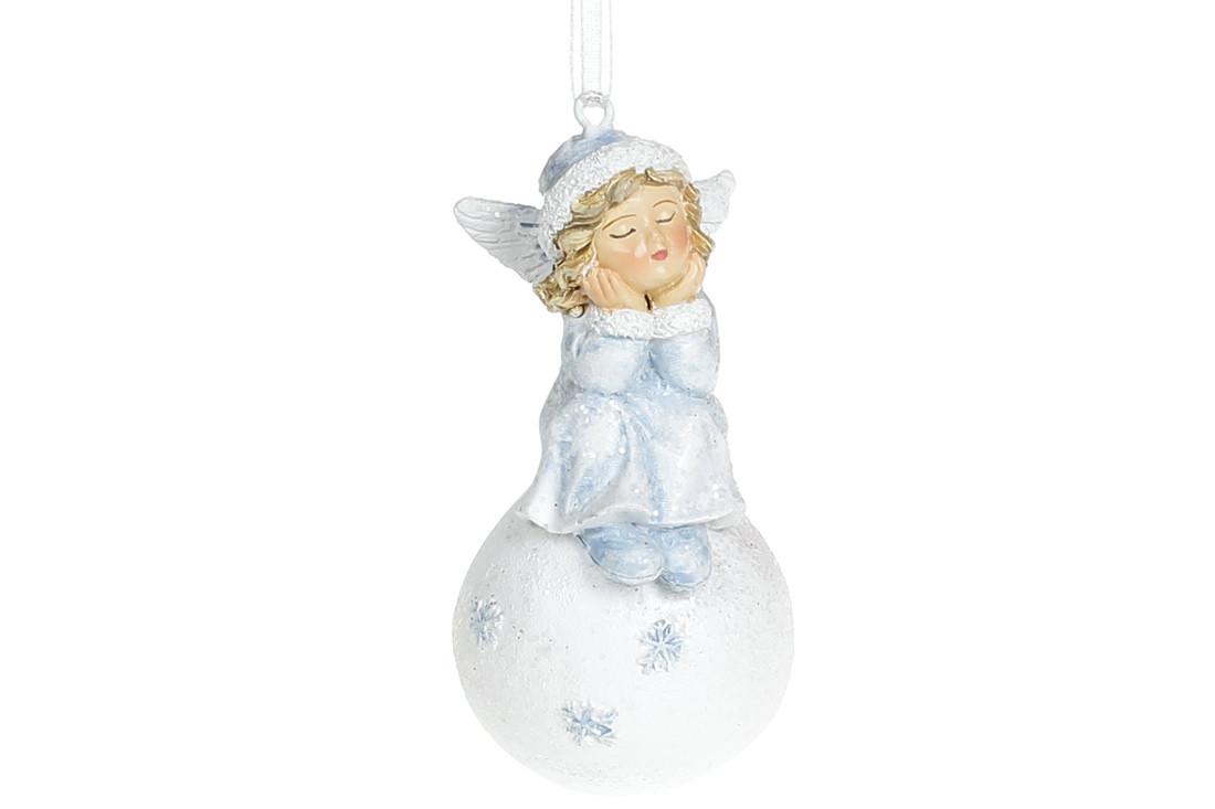 Декоративна підвісна фігурка Ангелочок на сніжинці, 8 см, колір блакитний, фото 1