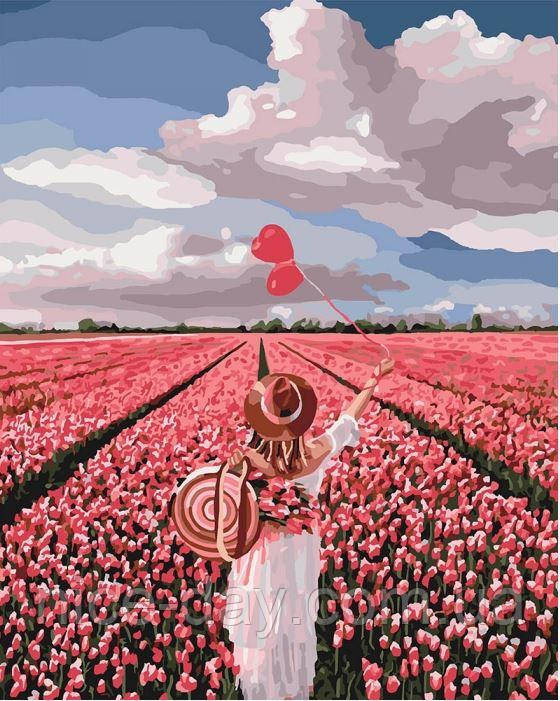 Розпис за номерами на полотні Рожева мрія та поле тюльпанів 40 на 50 см на підрамнику